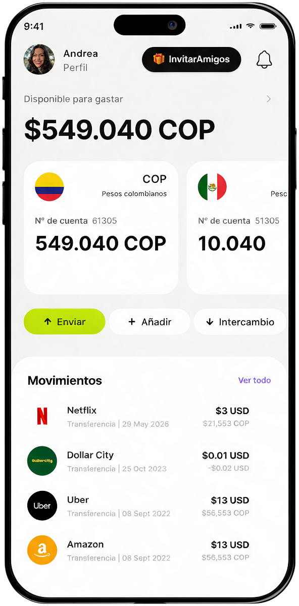 App Monni con el saldo en pesos, cuentas por moneda y los últimos movimientos